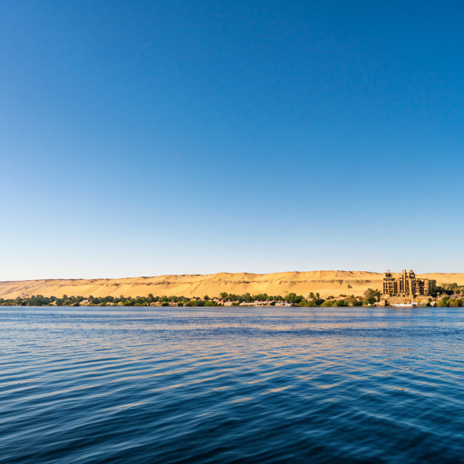 A clean, serene stretch of the Nile river under a clear sky