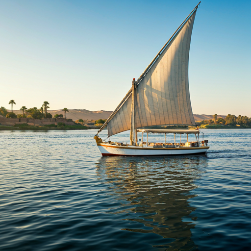 A luxury Dahabiya sailboat on the Nile at dawn