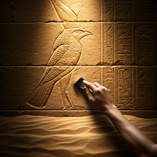A hand gently brushing sand away from an ancient Egyptian relief