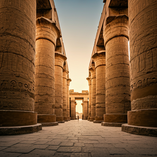 Ancient temple columns at dusk along the Nile