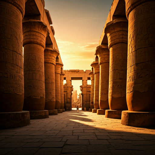 Ancient Egyptian temple bathed in golden hour light