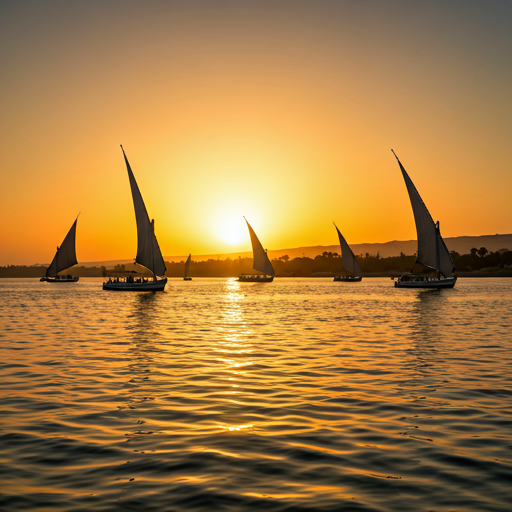 The Nile River at sunset with traditional feluccas sailing past