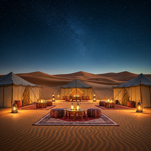 Luxury desert camp under the stars in the Sahara