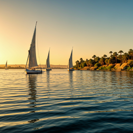 The Nile River at sunset with feluccas